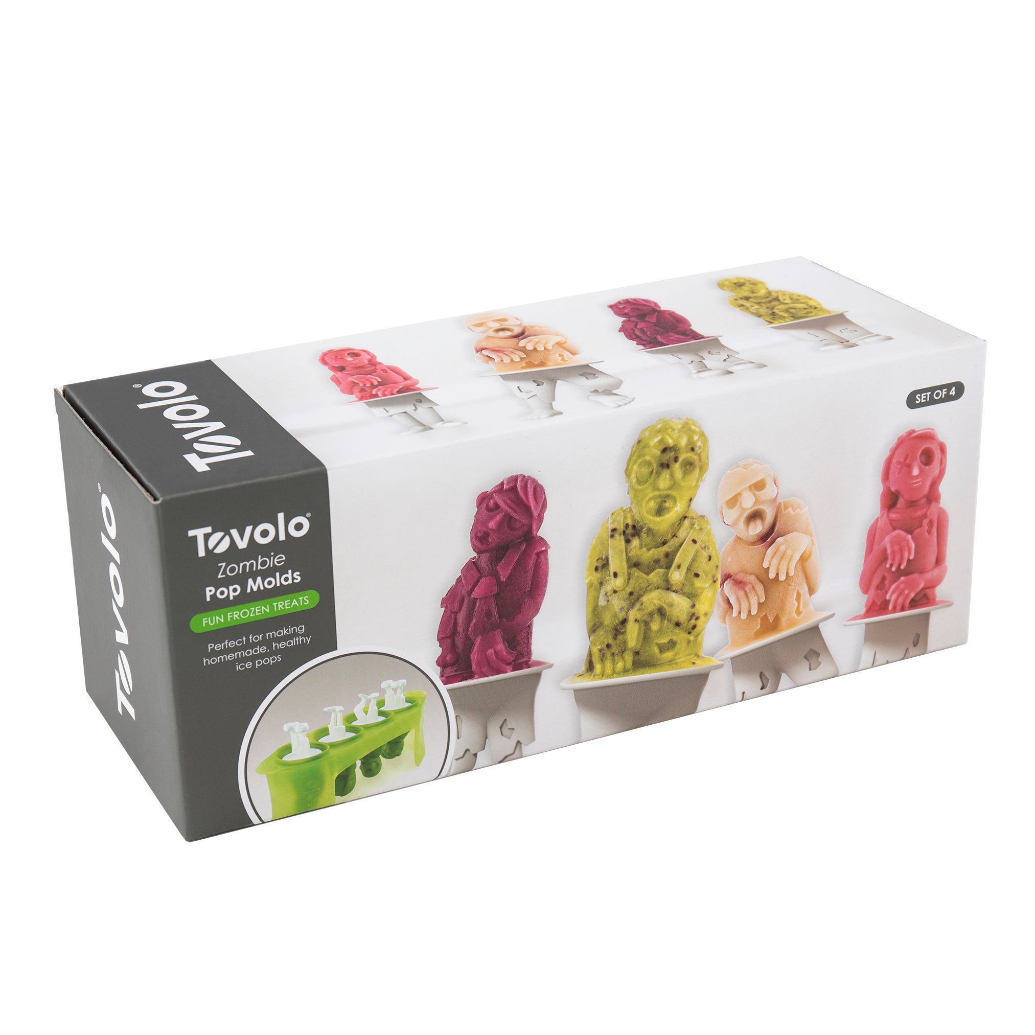 Tovolo Zombie Popsicle Molds (Set of 4) - Mess-Free Silicone Ice Pops with  Reusable Sticks for Freezer Snacks / Dishwasher-Safe & BPA-Free,Green/White